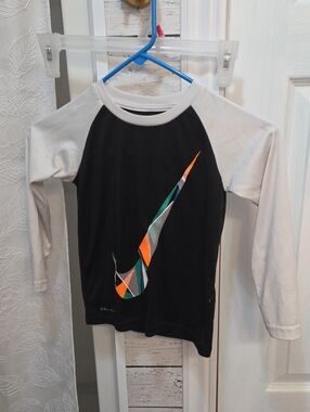 Nike Black & White Raglan Top with Orange and Teal Swoosh
